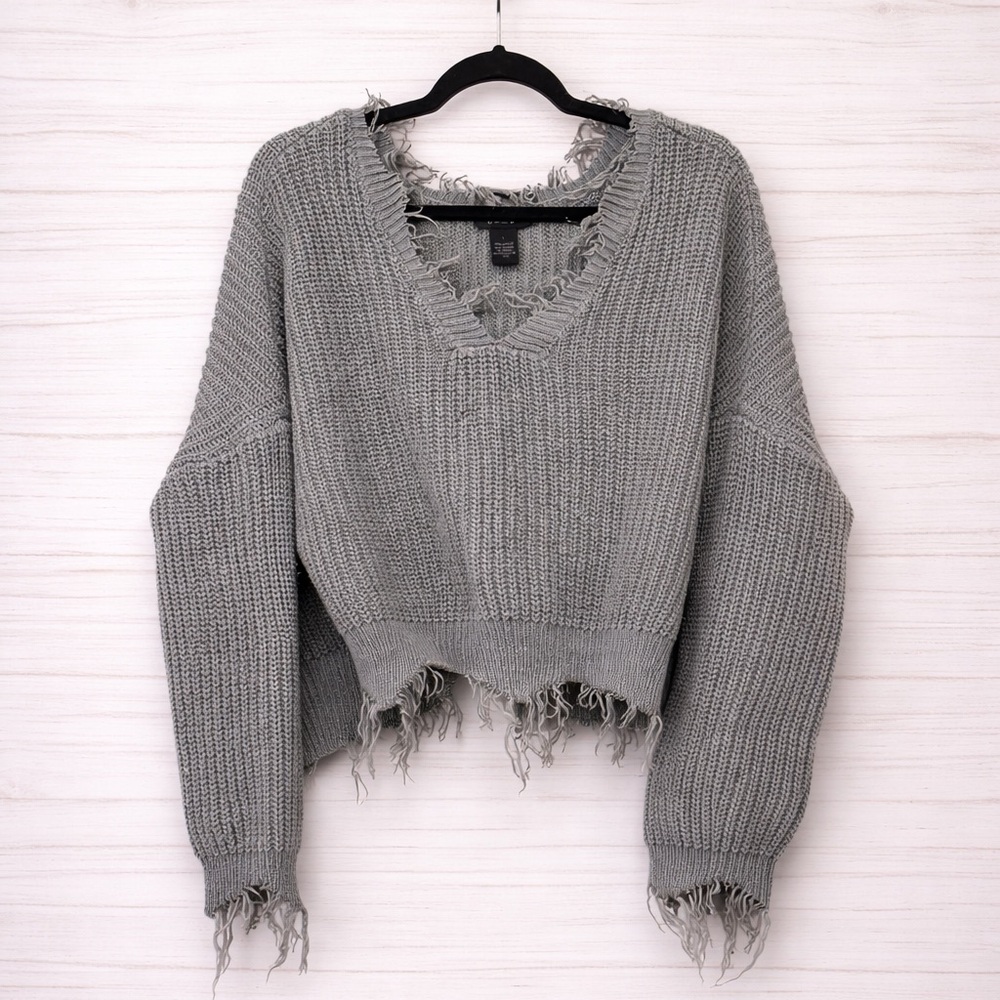 Gray Distressed V-Neck Knit Sweater